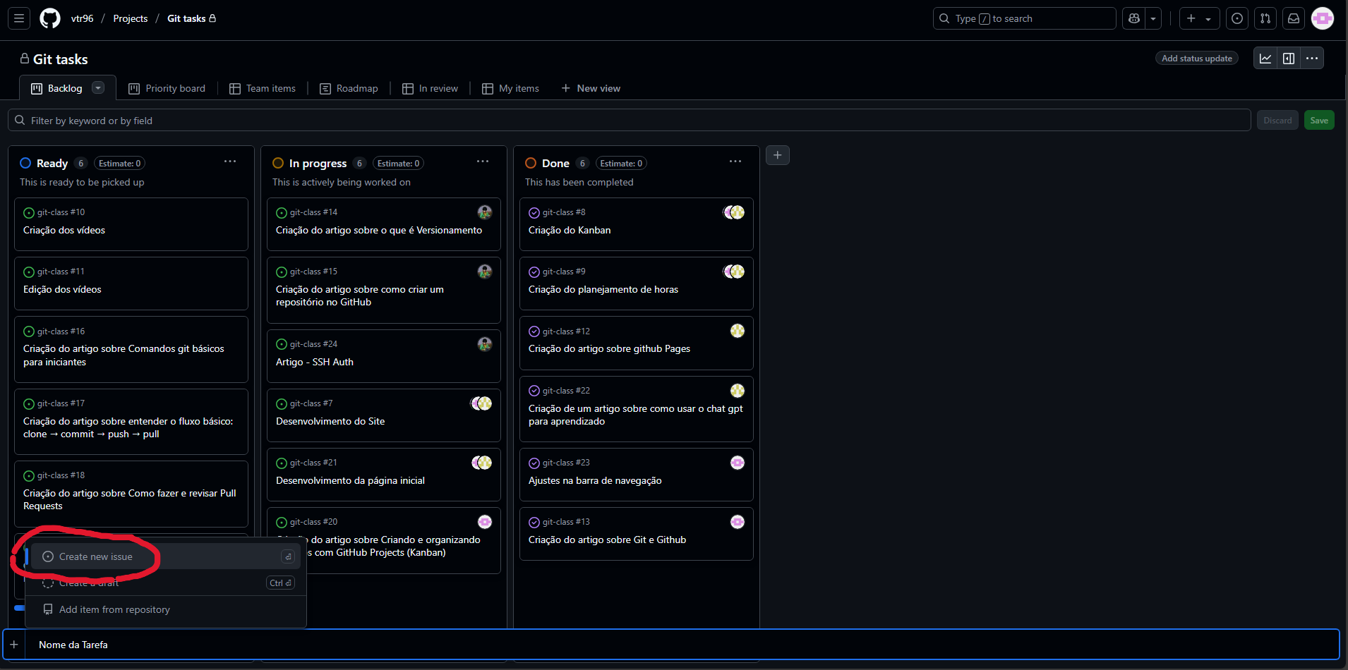 Issue no quadro Kanban