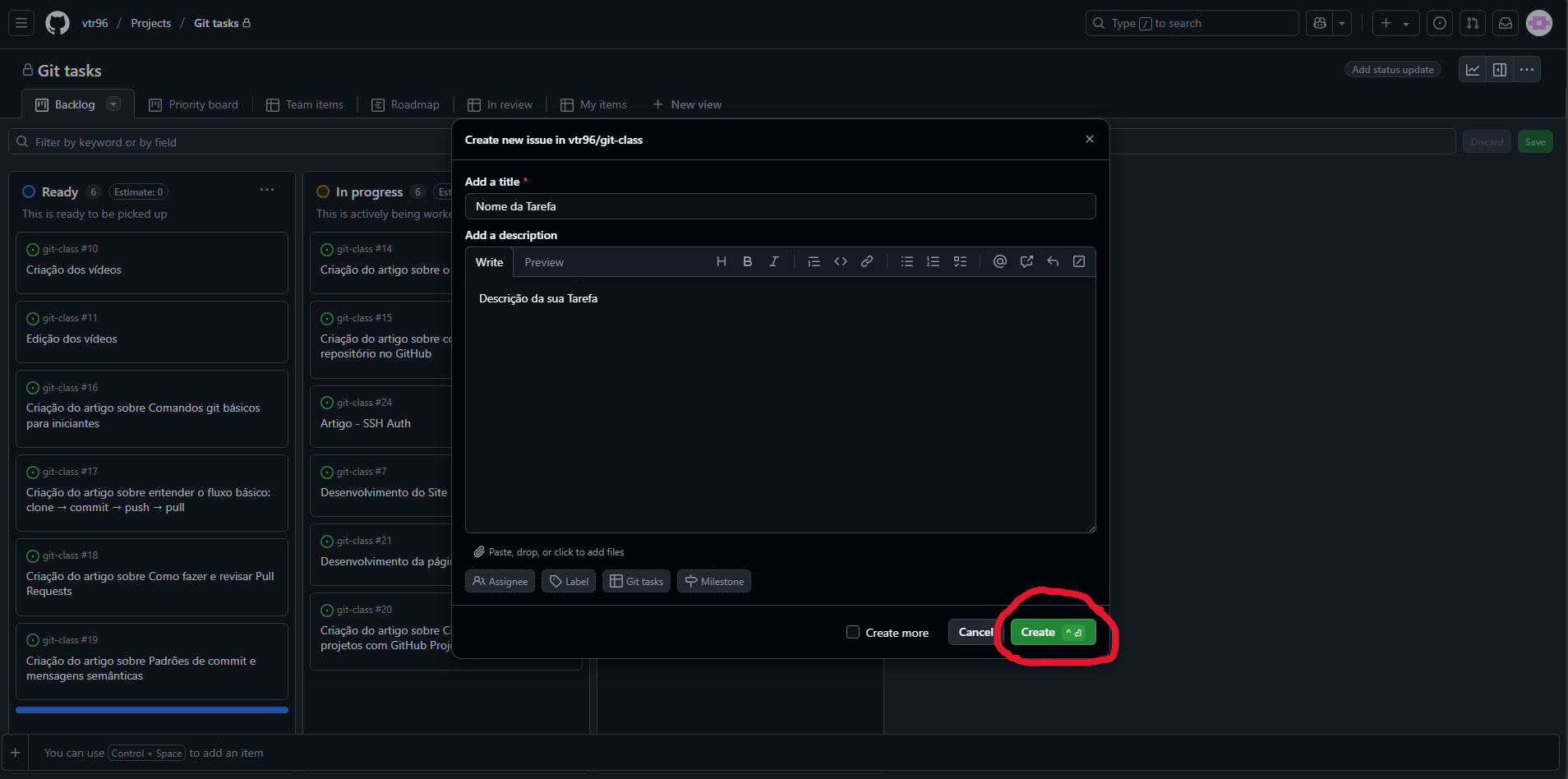 Issue no quadro Kanban